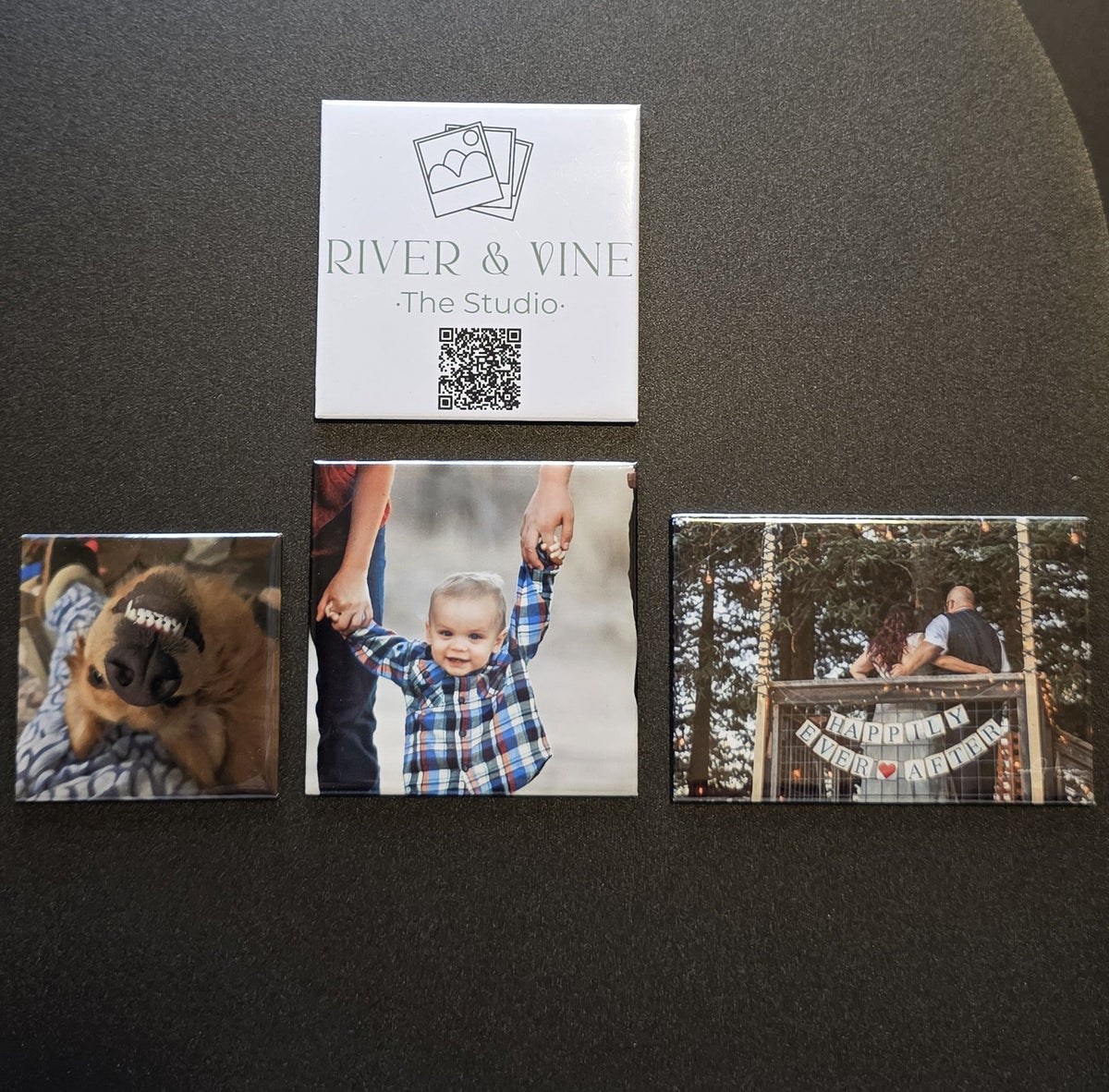 Pictures of a tan dog, showing it's teeth, a picture of baby with blonde hair, and a picture of a husband and wife standing with their backs to the photo and a sign that says happily every after
