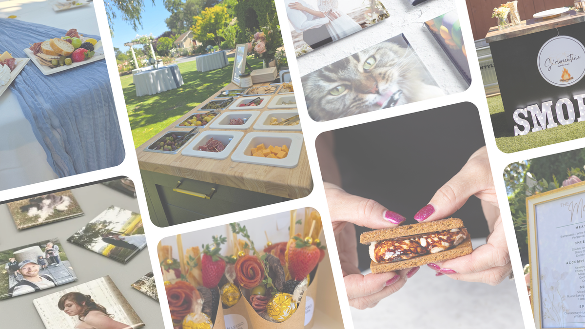 A collage of lifestyle and event photography showing a catered food spread, a cat, a close-up of hands holding a sandwich cookie with chocolate drizzle, flowers, printed photos, and an outdoor event table setup.